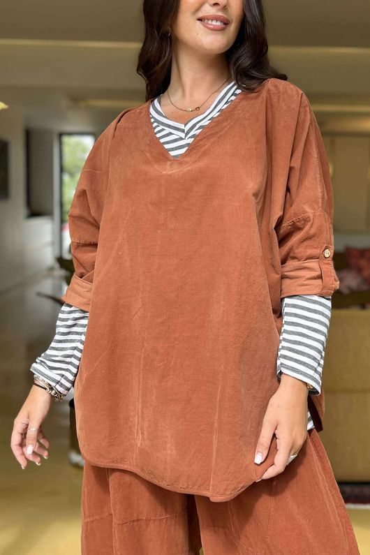 Made in Italy Cooper Needlecord Scoop Dip Back Top Auburn